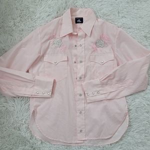 Vintage 70's western long sleeve button up, pink with rose embroidery. Chute #1